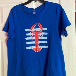 Ladie's Short Sleeve Crew Neck Graphic T-Shirt - Blue with a Red lobster on it